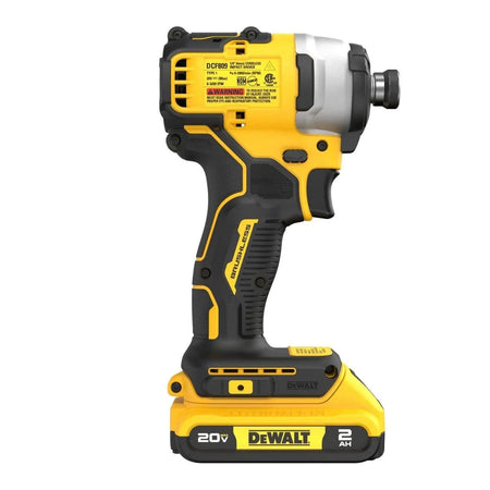 A rear profile view of the Dewalt DCF809 compact impact driver, showing the motor housing ventilation and the product specification label.