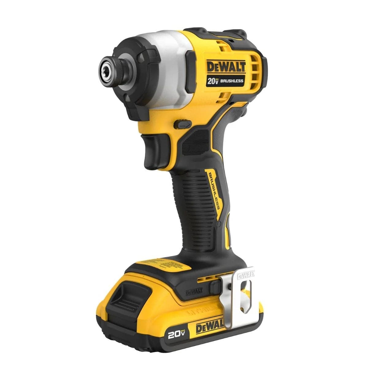 An isometric studio shot of the Dewalt Atomic 20V MAX compact 1/4-inch impact driver with a 2.0Ah battery pack and a metal belt clip.