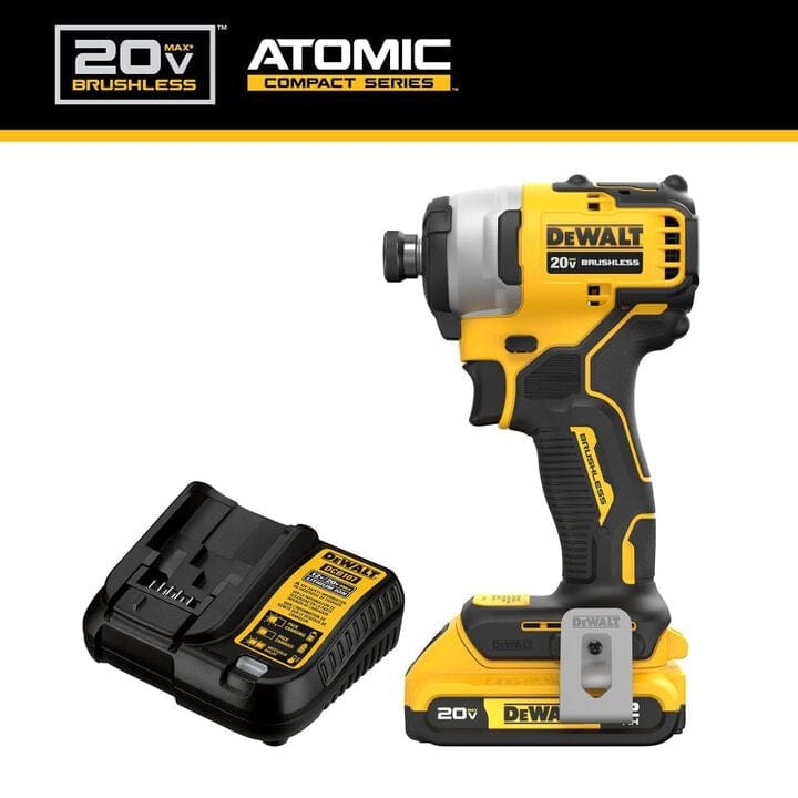 A promotional image showing the Dewalt Atomic 20V MAX compact impact driver standing next to a DCB107 charger.
