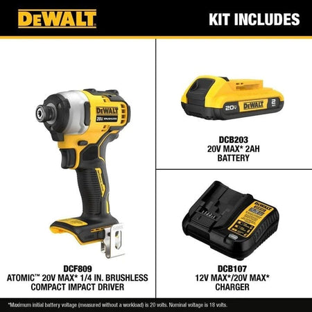 A graphic labeled Kit Includes showing the DCF809 1/4-inch brushless impact driver, a DCB203 2.0Ah battery, and a DCB107 12V/20V MAX charger.