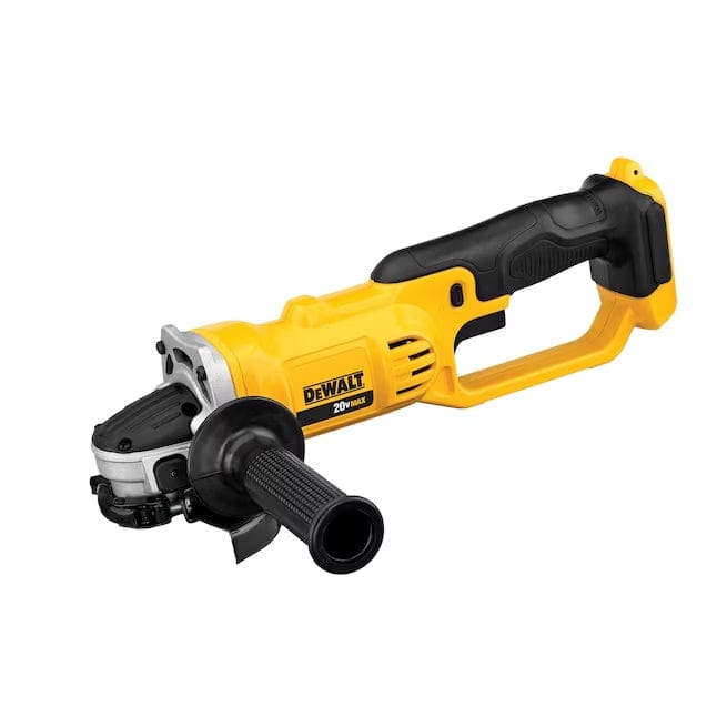 DEWALT DCG412B cordless angle grinder with side handle and protective guard; shown in profile view for cutting and grinding applications