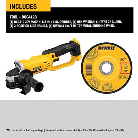 DEWALT DCG412B cordless angle grinder kit with tool, side handle, guard, hex wrench, and grinding wheel displayed on a flat surface