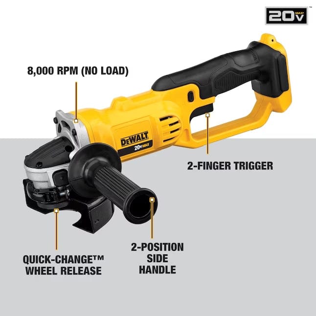 Labeled DEWALT DCG412B cordless angle grinder highlighting features including 8000 RPM motor, 2-finger trigger, Quick-Change™ wheel release, and 2-position side handle.


