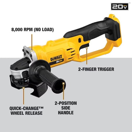 Labeled DEWALT DCG412B cordless angle grinder highlighting features including 8000 RPM motor, 2-finger trigger, Quick-Change™ wheel release, and 2-position side handle.

