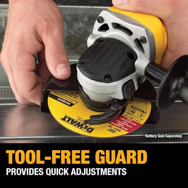 Close-up of hands adjusting the guard on a DEWALT DCG412B angle grinder; labeled “Tool-Free Guard” for quick repositioning.