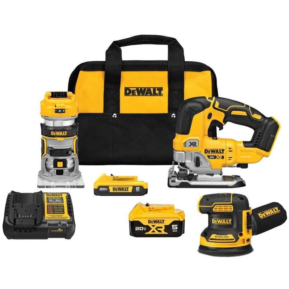 A product group shot of the Dewalt 20V MAX XR Woodworking 3-tool combo kit, featuring the compact router, orbital sander, jig saw, two batteries, charger, and contractor bag.