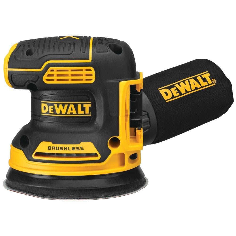 A side-view studio shot of the Dewalt 20V MAX XR Brushless 5-inch random orbit sander with an attached dust collection bag.