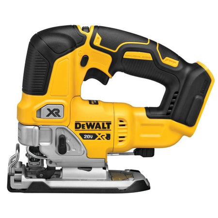A side profile of the Dewalt 20V MAX XR Brushless cordless jig saw, showing the ergonomic handle and speed control trigger.