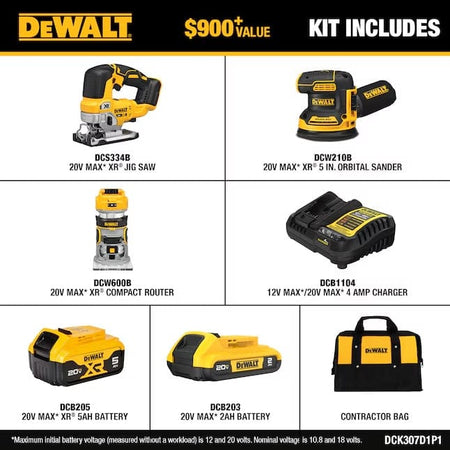 A graphic labeled Kit Includes for the DCK307D1P1 set, displaying the DCS334B jig saw, DCW210B orbital sander, DCW600B compact router, DCB1104 charger, DCB205 5Ah battery, DCB203 2Ah battery, and a contractor bag.