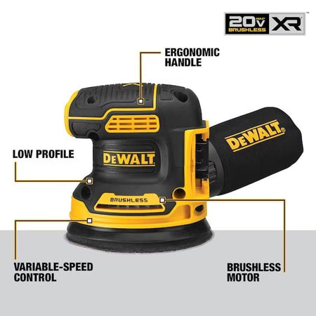A profile view of the Dewalt 20V MAX XR Brushless 5-inch orbital sander, highlighting its ergonomic handle, low profile design, variable-speed control, and brushless motor.