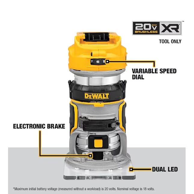 A product image of the Dewalt 20V MAX XR Brushless compact router, showcasing its variable speed dial, electronic brake, and dual LED lights for bit visibility.