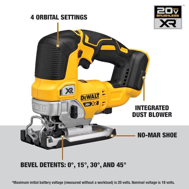 A profile view of the Dewalt 20V MAX XR Brushless jig saw, with callouts identifying its 4 orbital settings, integrated dust blower, no-mar shoe, and bevel detents at zero, 15, 30, and 45 degrees.
