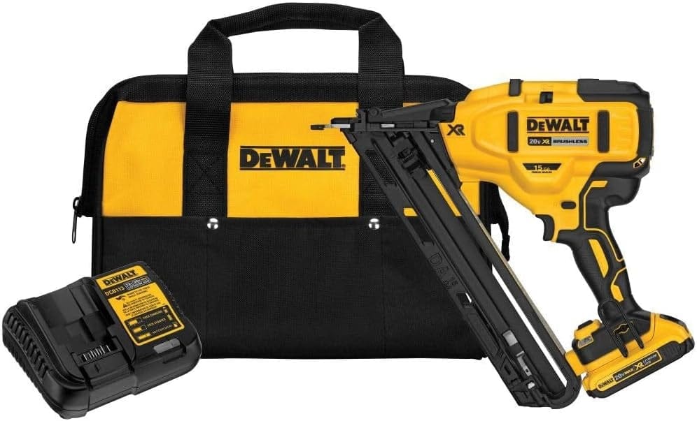 A studio shot of the complete DeWalt DCN650D1 finish nailer kit, showing the tool, 20V MAX battery, charger, and the yellow and black kit bag.