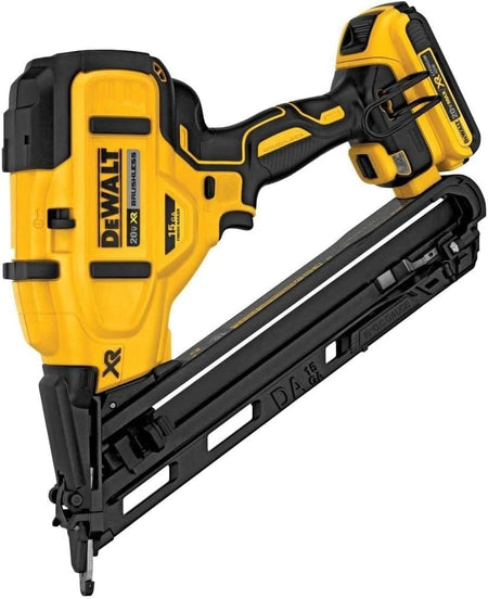 A three-quarter angle studio shot of the DeWalt DCN650D1 20V MAX XR 15-gauge angled finish nailer with battery.