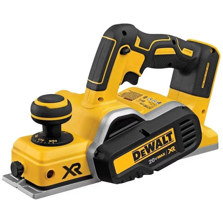 Side view of DEWALT XR 20V MAX cordless planer with depth adjustment knob, ergonomic handle, and chip ejection port.