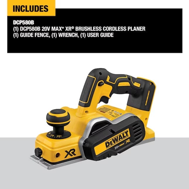 DEWALT DCP580B cordless planer shown with included accessories: guide fence, wrench, and user guide; branding and model info visible.