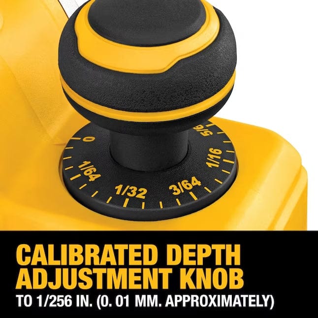Calibrated depth adjustment knob on DEWALT DCP580B planer with fractional inch markings for fine-tuned cutting control