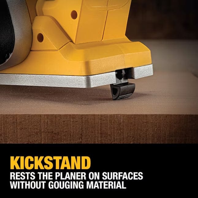Close-up of DEWALT DCP580B kickstand resting on wood surface; designed to prevent gouging when tool is not in use.