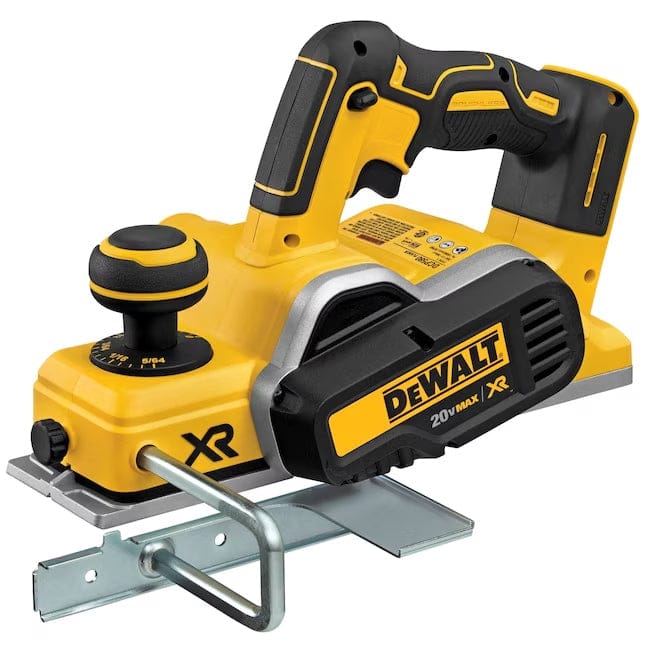 DEWALT DCP580B 20V MAX XR cordless planer with brushless motor, depth adjustment knob, kickstand, and battery compartment visible.