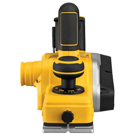 Front view of DEWALT DCP580B cordless planer with depth adjustment knob, flat metal base, and side dust port for debris management.