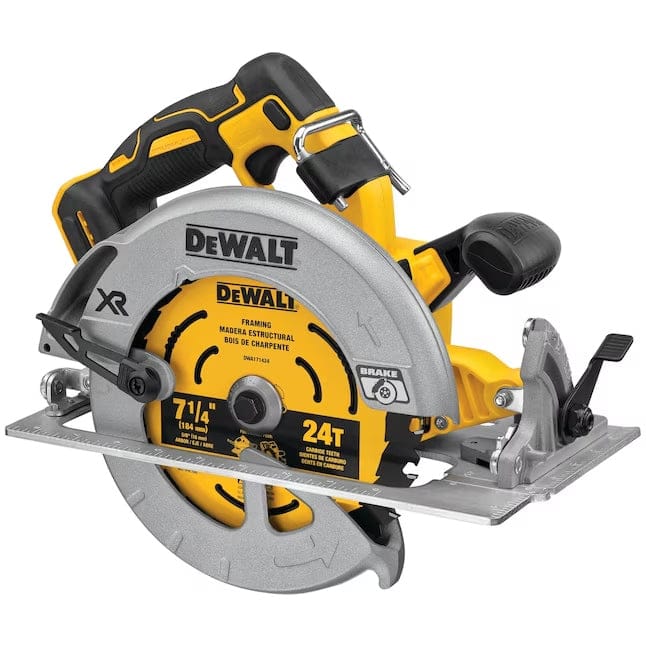 DeWalt XR 7-1/4 inch cordless circular saw with 24T carbide blade, labeled for framing. Features include electric brake and ergonomic handle.