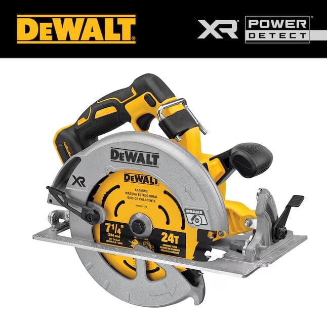 DeWalt XR POWER DETECT circular saw with 7-1/4 inch 24T blade, metal base plate, and ergonomic grip. Blade guard labeled with brake feature.