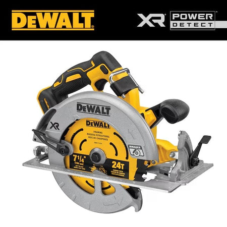 DeWalt XR POWER DETECT circular saw with 7-1/4 inch 24T blade, metal base plate, and ergonomic grip. Blade guard labeled with brake feature.