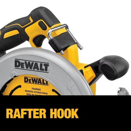 Close-up of DeWalt circular saw showing metal rafter hook attached to body. Branding and framing blade details visible.
