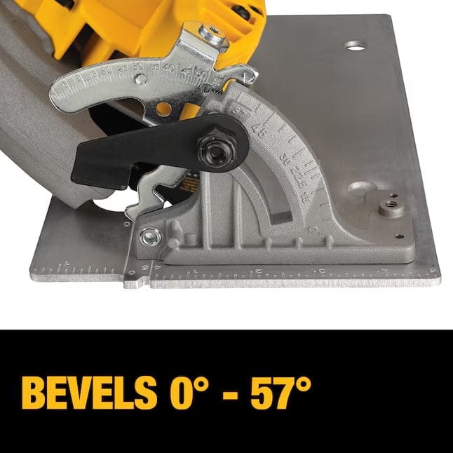 Close-up of DeWalt circular saw bevel adjustment dial showing marked range from 0° to 57° with ruler on base plate.