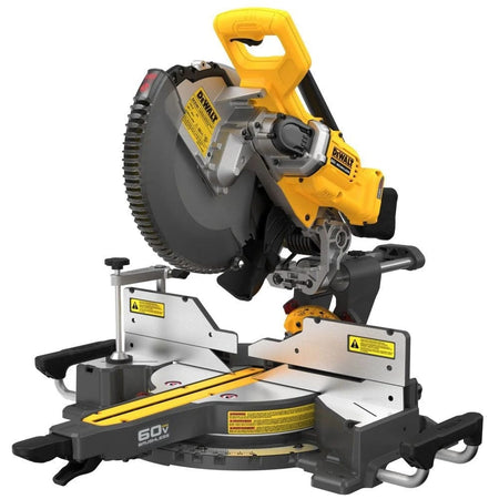 DEWALT 60V MAX cordless brushless 12-inch sliding double bevel miter saw with large blade, adjustable angles, and measurement markings on base for precision cutting.