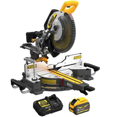 DEWALT 60V MAX FLEXVOLT miter saw kit including sliding compound saw, 9.0Ah battery, and charger; features miter scale, ergonomic handle, and cordless power setup.