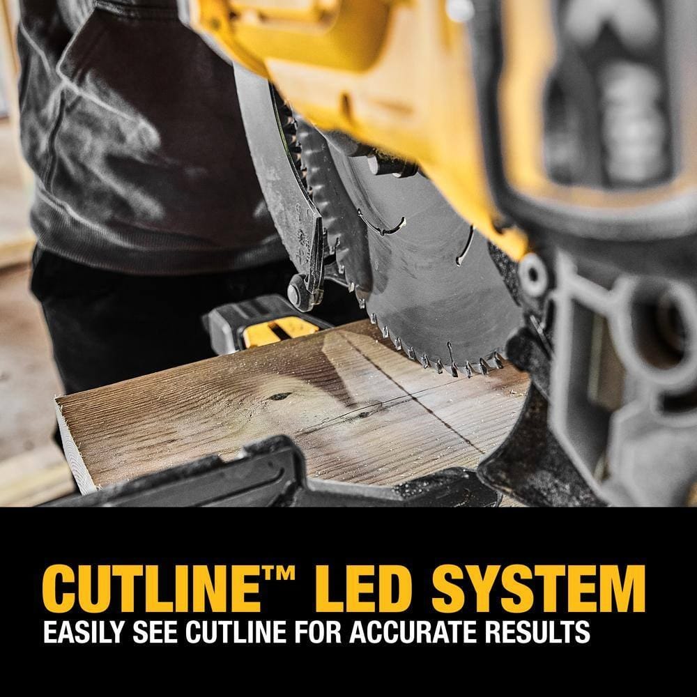 Close-up of circular saw cutting wood with CUTLINE™ LED system casting blade shadow for accurate cut alignment; emphasizes precision and visibility during operation.