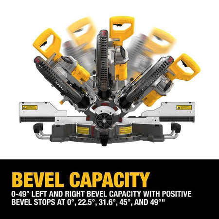 Illustration of DEWALT miter saw showing left and right bevel capacity up to 49° with positive stops at common angles for angled cutting versatility.