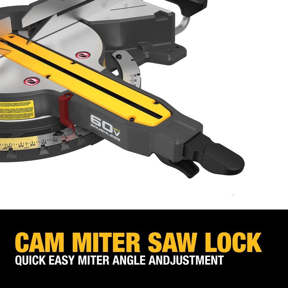 Close-up of DEWALT 60V MAX brushless miter saw cam lock mechanism with labeled miter gauge; designed for quick and accurate angle adjustments in woodworking tasks.