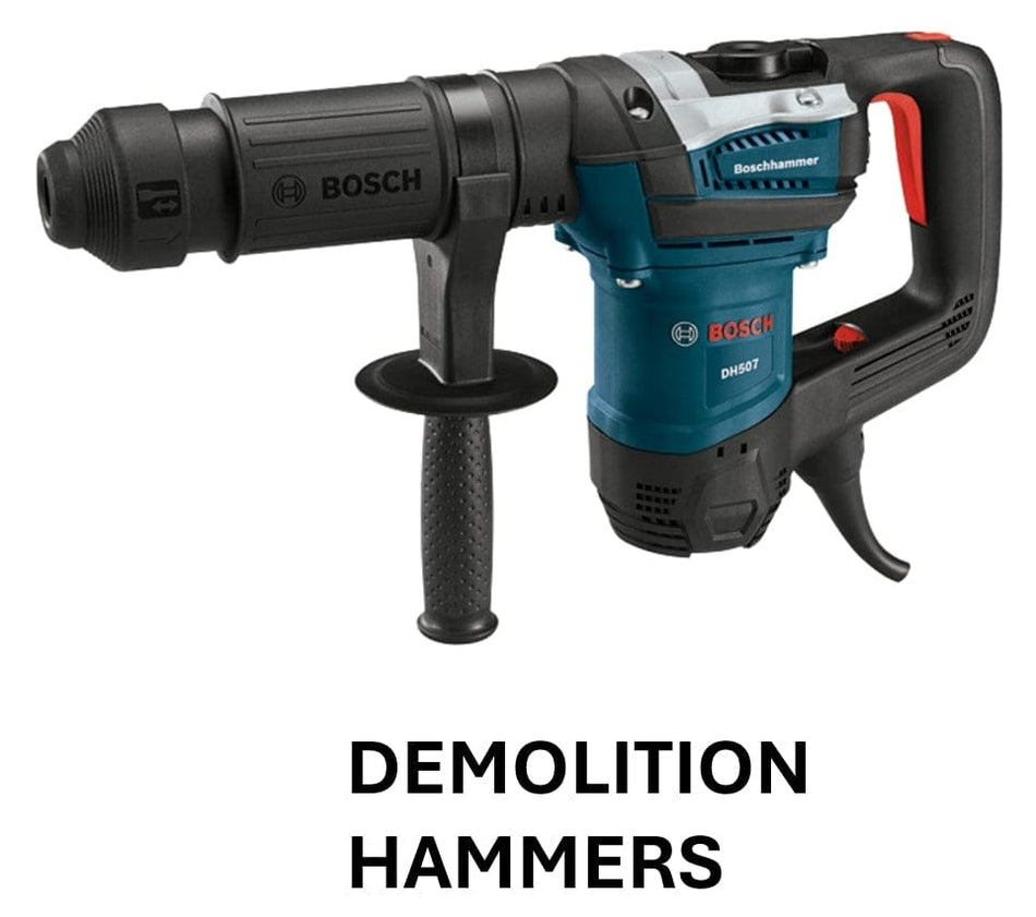A Bosch Boschhammer demolition hammer model DH507 on a white background with the label "DEMOLITION HAMMERS"