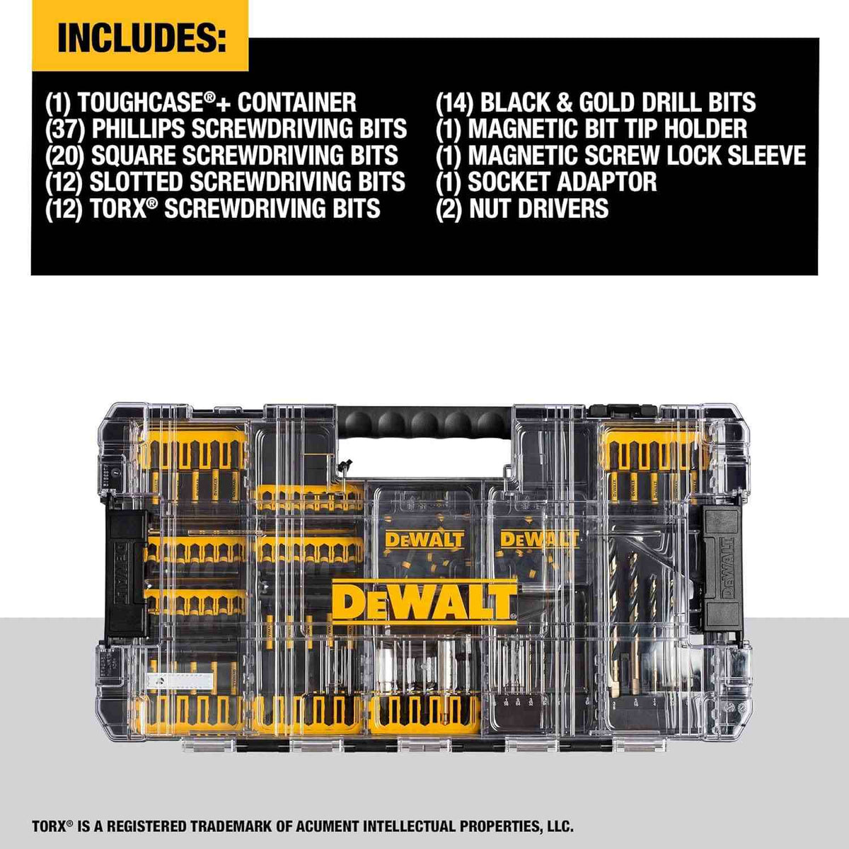 DEWALT ToughCase+ accessory set with labeled contents including Phillips, slotted, Torx, and drill bits, plus magnetic holders and nut drivers.