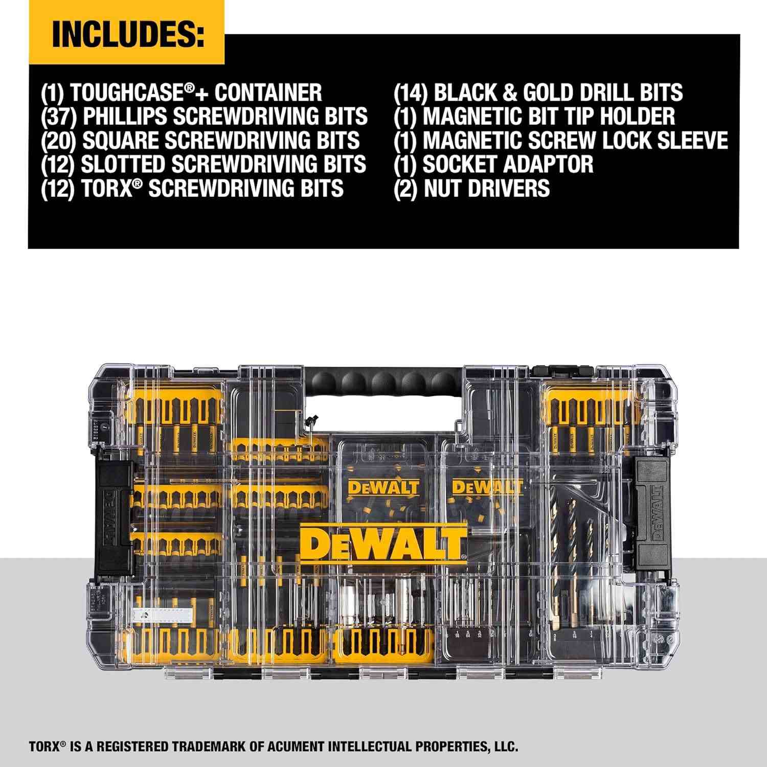 DEWALT ToughCase+ accessory set with labeled contents including Phillips, slotted, Torx, and drill bits, plus magnetic holders and nut drivers.
