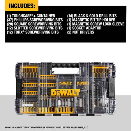 DEWALT ToughCase+ accessory set with labeled contents including Phillips, slotted, Torx, and drill bits, plus magnetic holders and nut drivers.