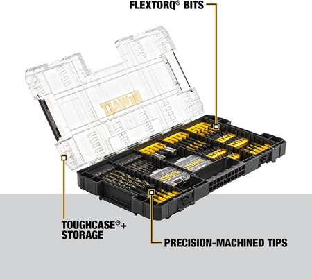DEWALT ToughCase+ open to show FLEXTORQ bits, titanium-coated drill bits, and labeled features for durability and precision.