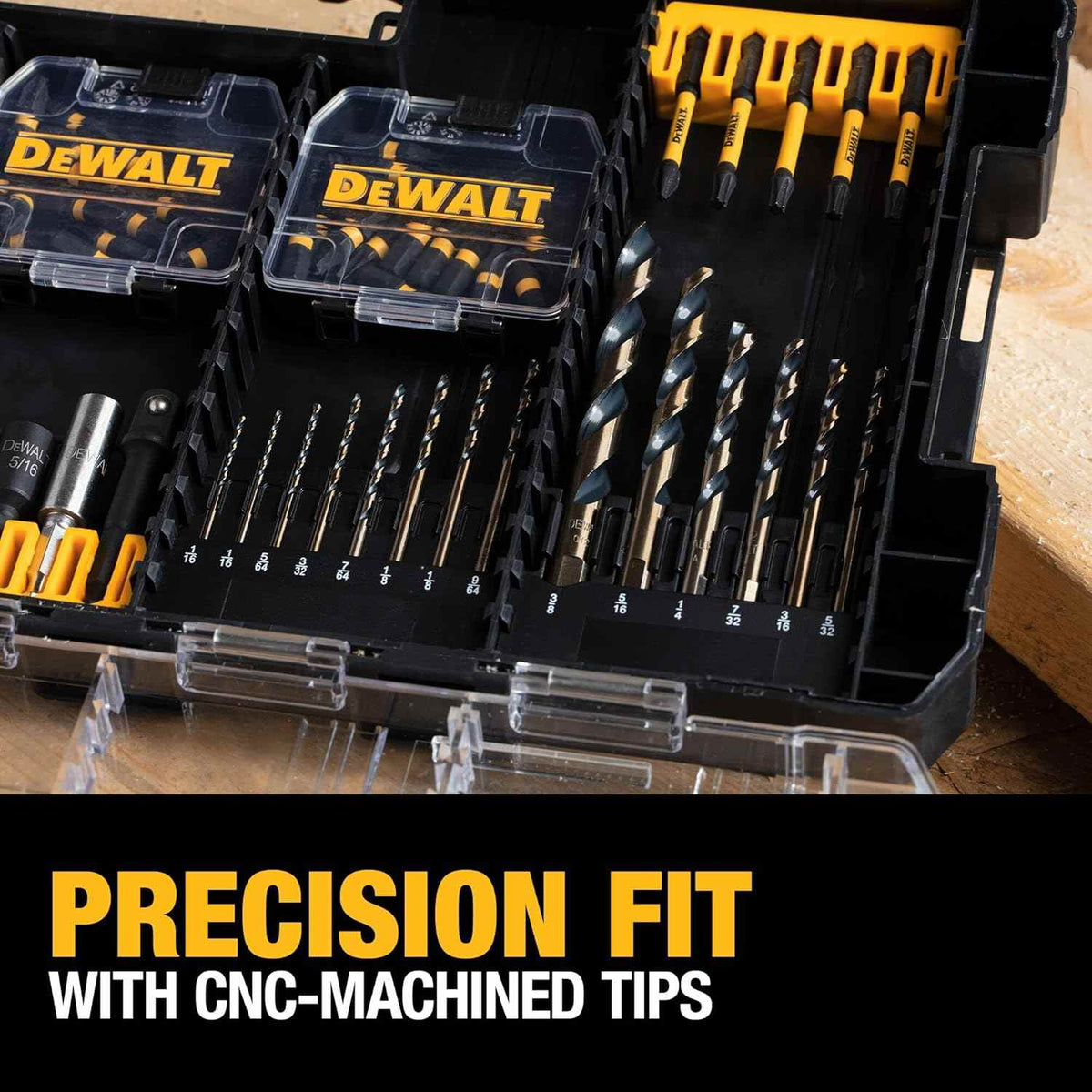 DEWALT drill bit set in black case with labeled compartments and CNC-machined tips, designed for precision drilling.