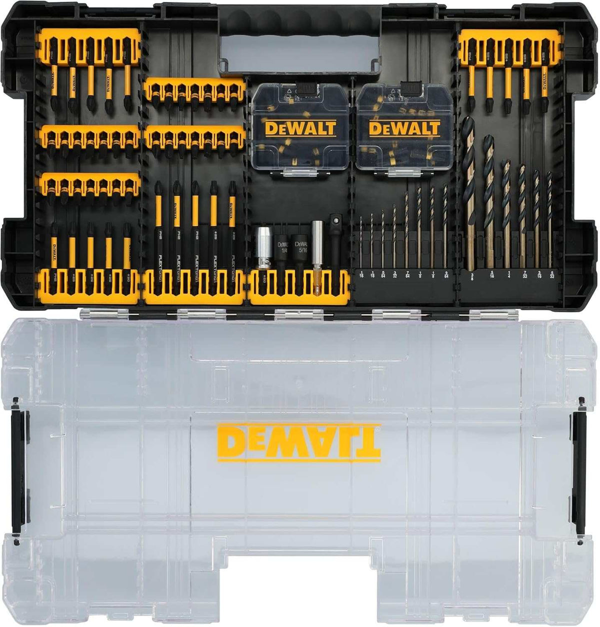 DEWALT bit set in open ToughCase+ with drill bits on the right, driver bits on the left, and two accessory containers in the center.