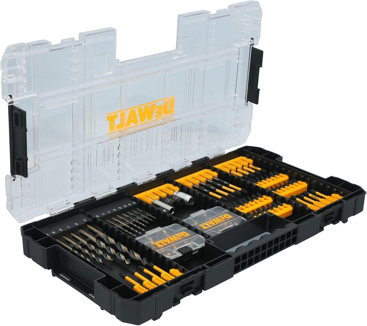  DEWALT drill and driver bit set displayed in open ToughCase+ with labeled yellow compartments and various bit types arranged in rows.