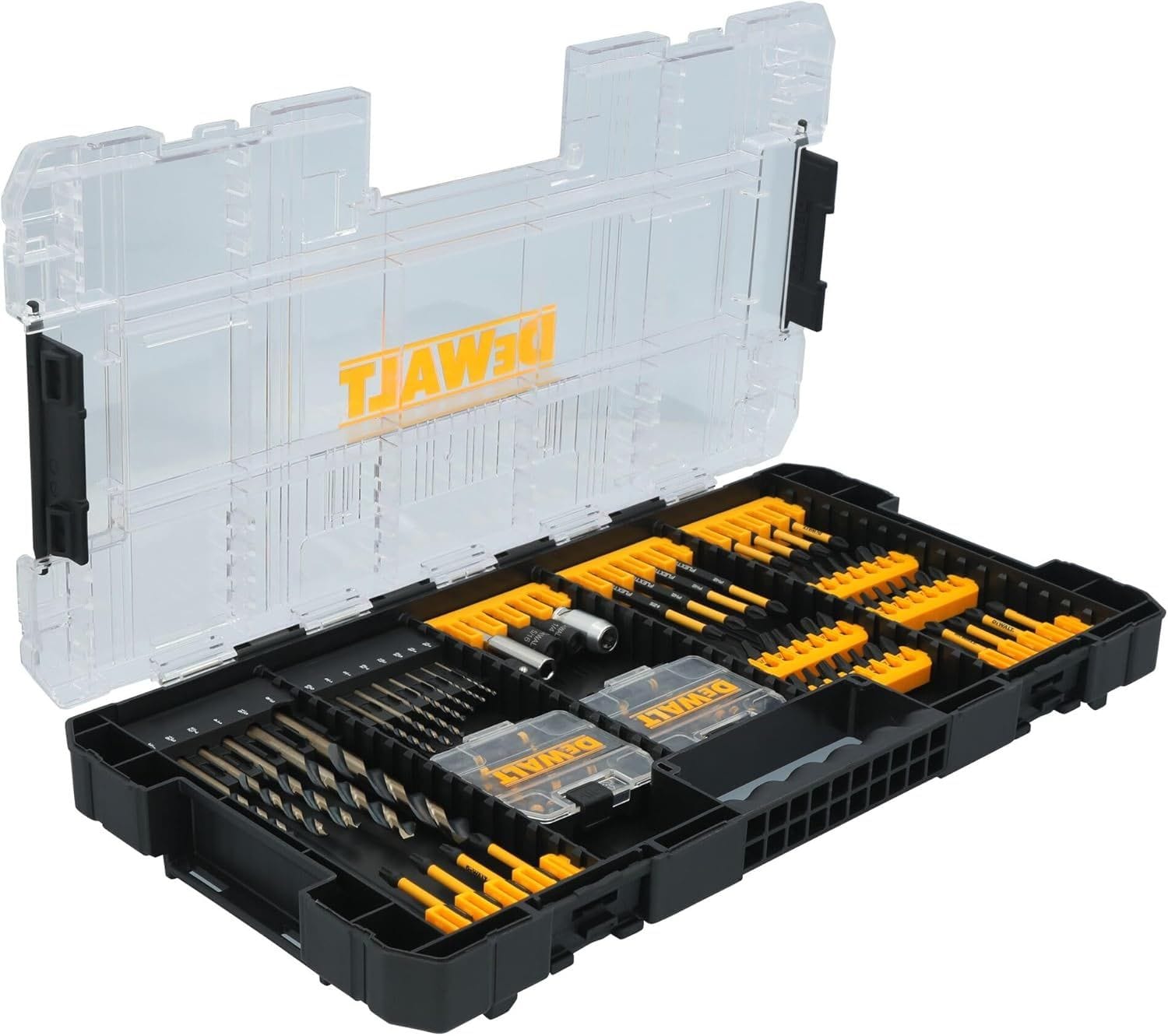  DEWALT drill and driver bit set displayed in open ToughCase+ with labeled yellow compartments and various bit types arranged in rows.