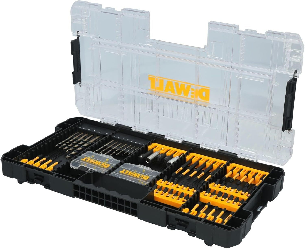 Open DEWALT ToughCase+ showing 100-piece drill and driver bit set with yellow holders and transparent lid, organized for easy access.