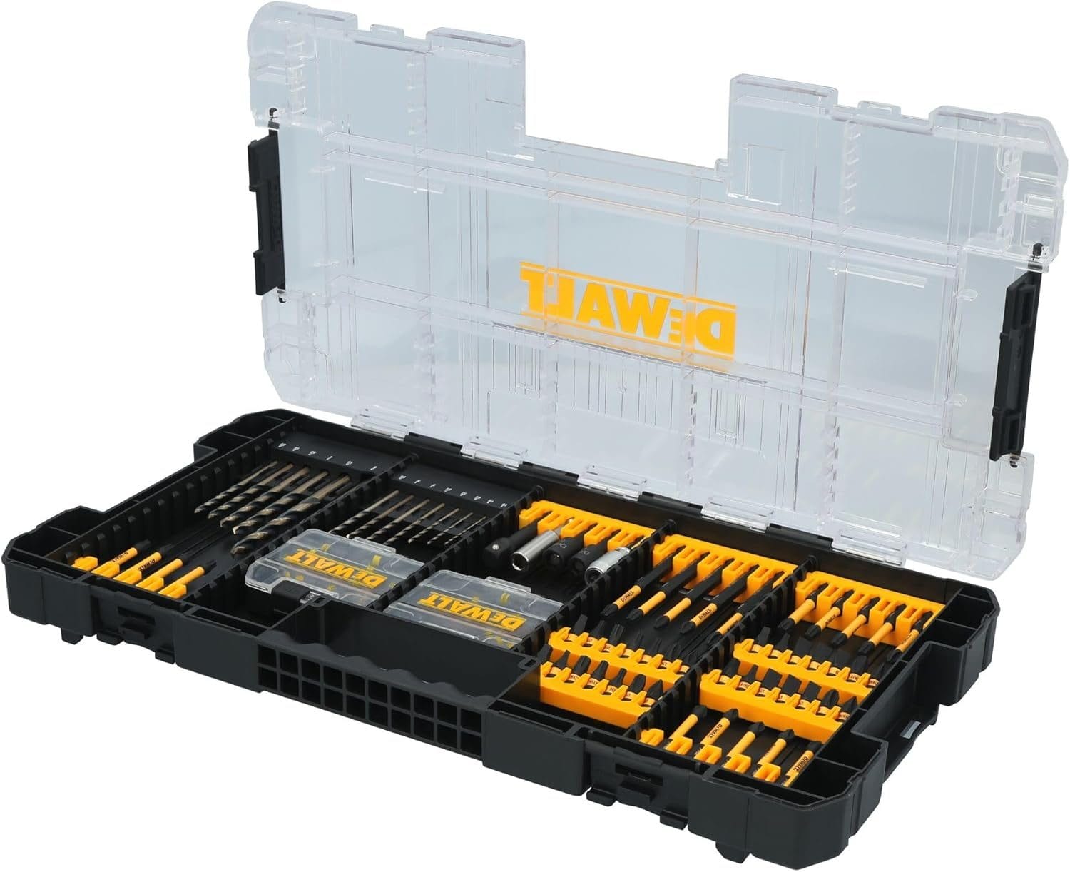 Open DEWALT ToughCase+ showing 100-piece drill and driver bit set with yellow holders and transparent lid, organized for easy access.
