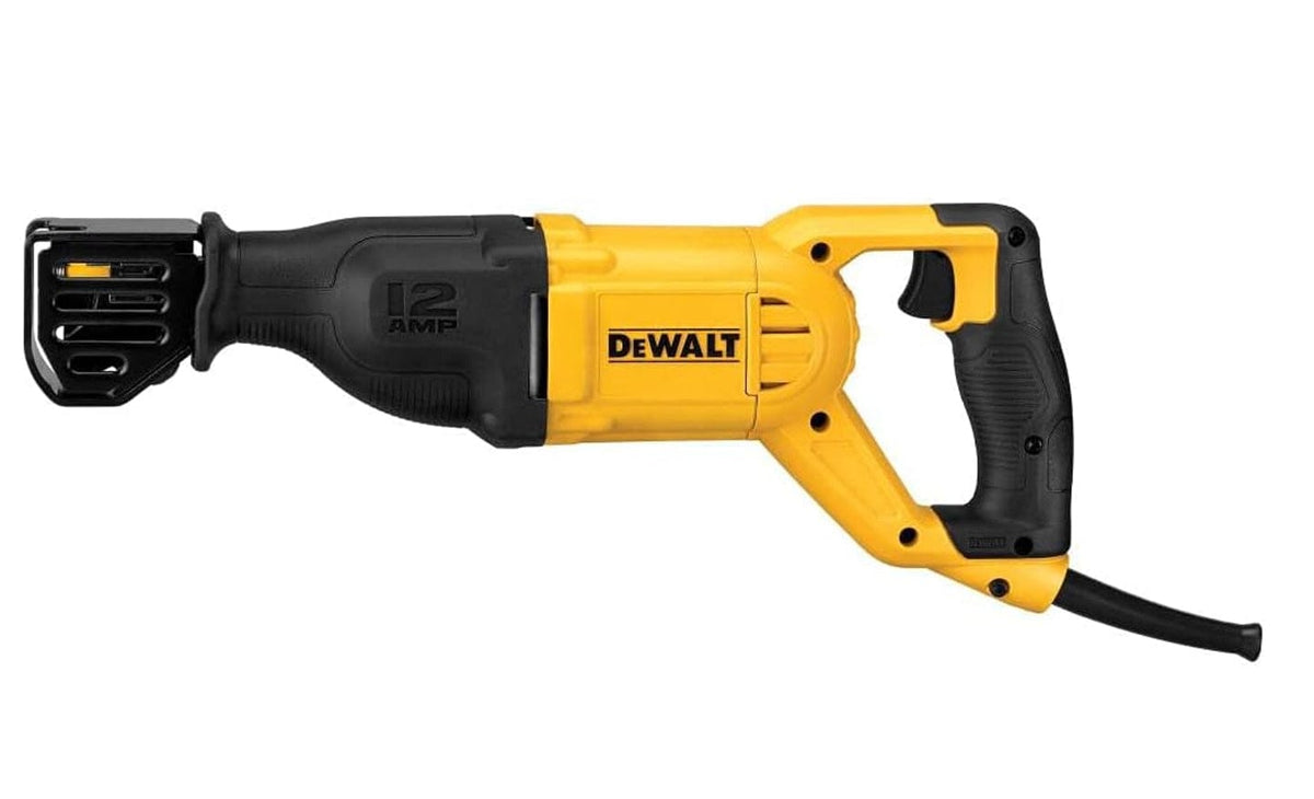 Close-up of DEWALT reciprocating saw with pistol grip and blade clamp, labeled “12 AMP,” designed for demolition and remodeling tasks.