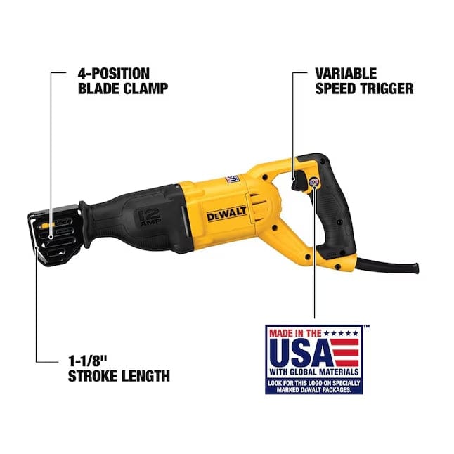 Labeled image of DEWALT reciprocating saw showing 4-position blade clamp, variable speed trigger, 1-1/8" stroke length, and 12 Amp rating.