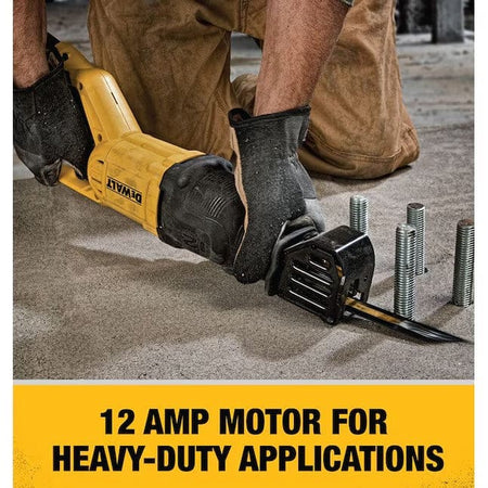 DEWALT reciprocating saw cutting metal on a concrete floor, with text stating “12 AMP MOTOR FOR HEAVY-DUTY APPLICATIONS,” emphasizing tool power.