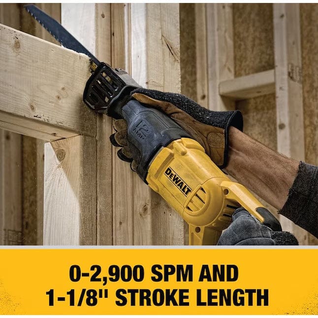 Person using a DEWALT reciprocating saw to cut a wooden beam, with text highlighting 0–2,900 SPM and 1-1/8" stroke length specifications