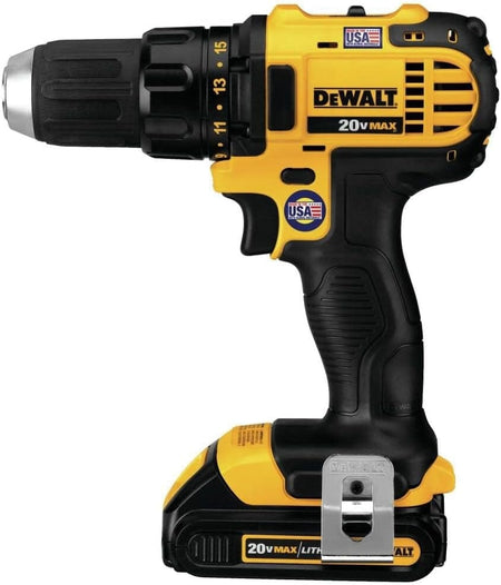 A side profile studio shot of the DEWALT 20V MAX drill-driver (DCD780) from the combo kit, with a 2.0Ah battery attached.